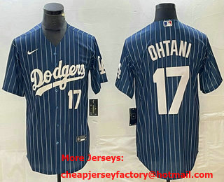 Men's Los Angeles Dodgers #17 Shohei Ohtani Number Blue Pinstripe Cool Base Stitched Baseball Jersey 12