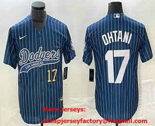 Men's Los Angeles Dodgers #17 Shohei Ohtani Number Blue Pinstripe Cool Base Stitched Baseball Jersey
