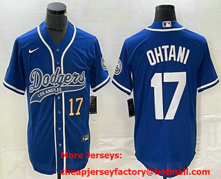 Men's Los Angeles Dodgers #17 Shohei Ohtani Number Blue With Patch Cool Base Stitched Baseball Jersey