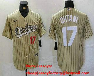 Men's Los Angeles Dodgers #17 Shohei Ohtani Number Cream Pinstripe Cool Base Stitched Jersey 01