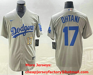 Men's Los Angeles Dodgers #17 Shohei Ohtani Number Grey Cool Base Stitched Jersey 03