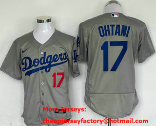 Men's Los Angeles Dodgers #17 Shohei Ohtani Number Grey Stitched Flex Base Nike Jersey