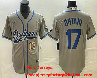 Men's Los Angeles Dodgers #17 Shohei Ohtani Number Grey With Patch Cool Base Stitched Baseball Jersey 11