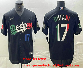 Men's Los Angeles Dodgers #17 Shohei Ohtani Number Mexico Black Cool Base Stitched Baseball Jersey 12