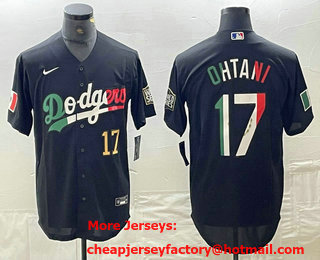 Men's Los Angeles Dodgers #17 Shohei Ohtani Number Mexico Black Cool Base Stitched Baseball Jersey 14