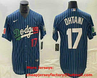 Men's Los Angeles Dodgers #17 Shohei Ohtani Number Navy Blue Pinstripe Mexico 2020 World Series Cool Base Nike Jersey 01