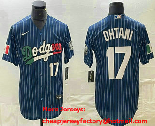 Men's Los Angeles Dodgers #17 Shohei Ohtani Number Navy Blue Pinstripe Mexico 2020 World Series Cool Base Nike Jersey 02