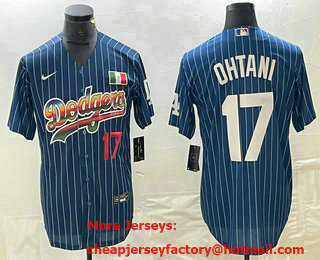 Men's Los Angeles Dodgers #17 Shohei Ohtani Number Rainbow Blue Red Pinstripe Mexico Cool Base Nike Jersey 01