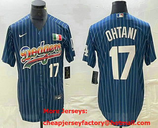 Men's Los Angeles Dodgers #17 Shohei Ohtani Number Rainbow Blue Red Pinstripe Mexico Cool Base Nike Jersey 02