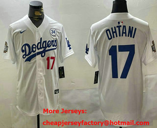Men's Los Angeles Dodgers #17 Shohei Ohtani Number White 2024 World Series With Fernando 34 Patch Limited Stitched Jersey