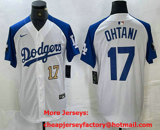 Men's Los Angeles Dodgers #17 Shohei Ohtani Number White Blue Fashion Stitched Cool Base Limited Jersey 11