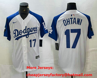 Men's Los Angeles Dodgers #17 Shohei Ohtani Number White Blue Fashion Stitched Cool Base Limited Jersey 12