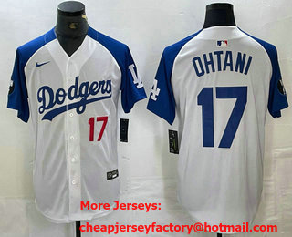 Men's Los Angeles Dodgers #17 Shohei Ohtani Number White Blue Fashion Stitched Cool Base Limited Jersey 13
