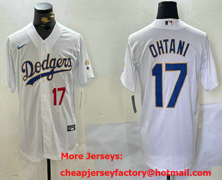 Men's Los Angeles Dodgers #17 Shohei Ohtani Number White Gold Championship Stitched Cool Base Nike Jersey