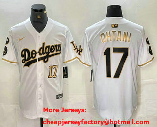 Men's Los Angeles Dodgers #17 Shohei Ohtani Number White Gold Fashion Stitched Cool Base Limited Jersey 11
