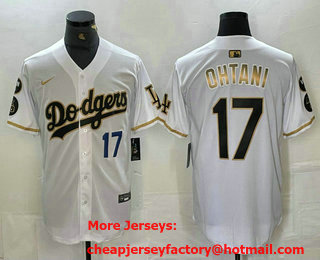 Men's Los Angeles Dodgers #17 Shohei Ohtani Number White Gold Fashion Stitched Cool Base Limited Jersey 12