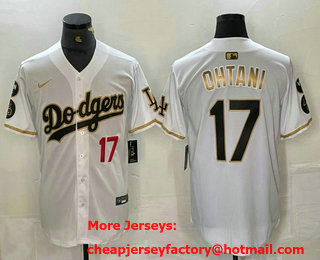 Men's Los Angeles Dodgers #17 Shohei Ohtani Number White Gold Fashion Stitched Cool Base Limited Jersey 13
