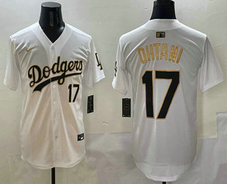 Men's Los Angeles Dodgers #17 Shohei Ohtani Number White Gold Stitched Cool Base Jersey