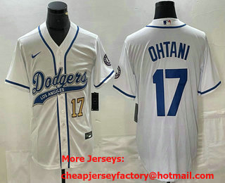 Men's Los Angeles Dodgers #17 Shohei Ohtani Number White With Patch Cool Base Stitched Baseball Jersey