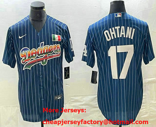 Men's Los Angeles Dodgers #17 Shohei Ohtani Rainbow Blue Red Pinstripe Mexico Cool Base Nike Jersey 01