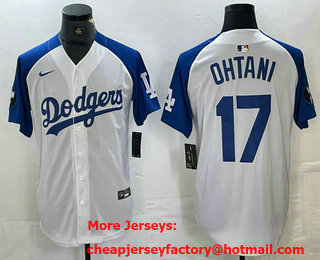 Men's Los Angeles Dodgers #17 Shohei Ohtani White Blue Fashion Stitched Cool Base Limited Jersey 11
