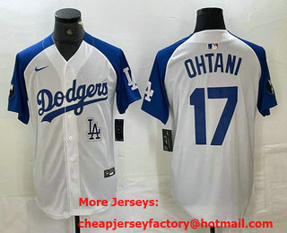 Men's Los Angeles Dodgers #17 Shohei Ohtani White Blue Fashion Stitched Cool Base Limited Jersey 12