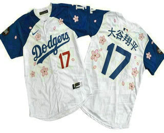 Men's Los Angeles Dodgers #17 Shohei Ohtani White Blue Japanese 2025 Tokyo Series Limited Jersey