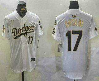 Men's Los Angeles Dodgers #17 Shohei Ohtani White Gold 2024 World Series 34 Patch Stitched Limited Jersey