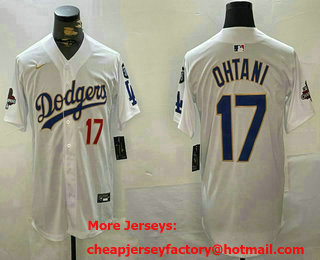 Men's Los Angeles Dodgers #17 Shohei Ohtani White Gold 2024 World Series Champions Fernando 34 Patch Limited Jersey