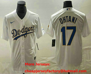 Men's Los Angeles Dodgers #17 Shohei Ohtani White Gold Championship Stitched Cool Base Nike Jersey