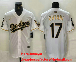 Men's Los Angeles Dodgers #17 Shohei Ohtani White Gold Fashion Stitched Cool Base Limited Jersey 11