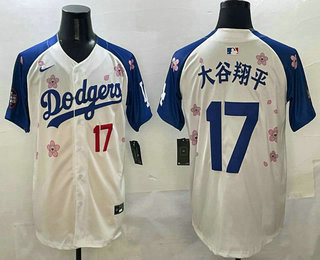 Men's Los Angeles Dodgers #17 Shohei Ohtani White Royal Japanese 2025 Tokyo Series Limited Jersey