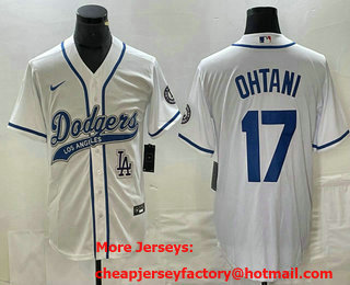 Men's Los Angeles Dodgers #17 Shohei Ohtani White With Patch Cool Base Stitched Baseball Jersey 02