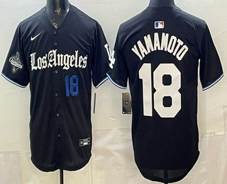 Men's Los Angeles Dodgers #18 Yoshinobu Yamamoto Black 2025 World Series Champions Limited Jersey