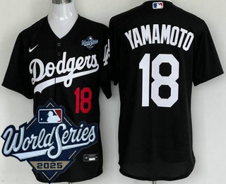 Men's Los Angeles Dodgers #18 Yoshinobu Yamamoto Black 2025 World Series Cool Base Jersey