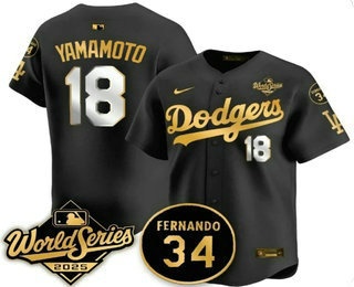 Men's Los Angeles Dodgers #18 Yoshinobu Yamamoto Black Gold 2025 World Series Patch Limited Stitched Jersey