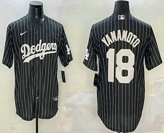 Men's Los Angeles Dodgers #18 Yoshinobu Yamamoto Black Pinstripe Cool Base Stitched Jersey