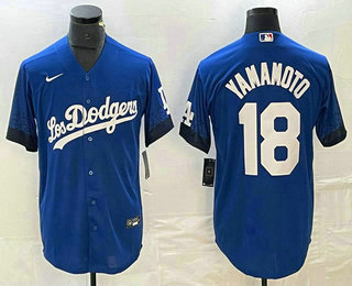 Men's Los Angeles Dodgers #18 Yoshinobu Yamamoto Blue 2021 City Connect Cool Base Stitched Jersey