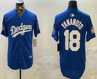 Men's Los Angeles Dodgers #18 Yoshinobu Yamamoto Blue 2024 World Series With Fernando 34 Fashion Limited Stitched Jersey