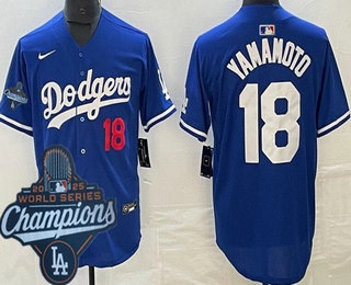 Men's Los Angeles Dodgers #18 Yoshinobu Yamamoto Blue 2025 World Series Champions Limited Jersey
