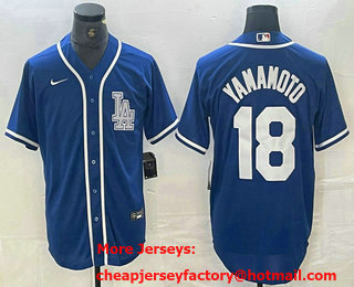 Men's Los Angeles Dodgers #18 Yoshinobu Yamamoto Blue Cool Base Stitched Baseball Jersey 01