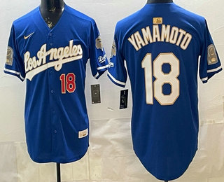 Men's Los Angeles Dodgers #18 Yoshinobu Yamamoto Blue Gold 9x B2B Champs Collection Limited Jersey