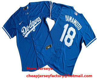 Men's Los Angeles Dodgers #18 Yoshinobu Yamamoto Blue Stitched Cool Base Nike Jersey 11