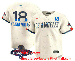 Men's Los Angeles Dodgers #18 Yoshinobu Yamamoto Cream 2024 World Series Champions City Connect Limited Stitched Jersey