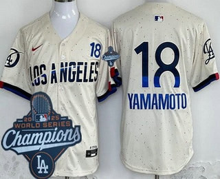 Men's Los Angeles Dodgers #18 Yoshinobu Yamamoto Cream City 2025 World Series Champions Limited Jersey