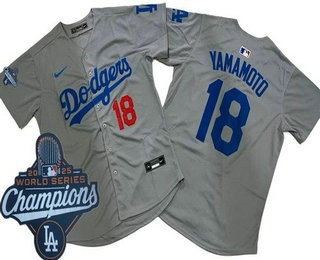 Men's Los Angeles Dodgers #18 Yoshinobu Yamamoto Gray 2025 World Series Champions Limited Jersey