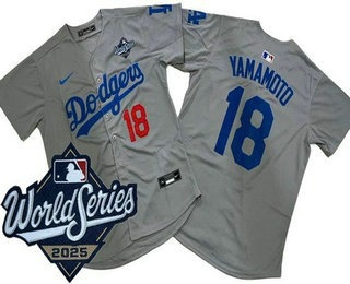Men's Los Angeles Dodgers #18 Yoshinobu Yamamoto Gray 2025 World Series Limited Jersey