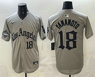 Men's Los Angeles Dodgers #18 Yoshinobu Yamamoto Grey LA Gothic Style 2025 World Series Champions Patch Limited Jersey