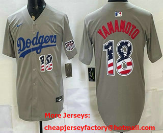 Men's Los Angeles Dodgers #18 Yoshinobu Yamamoto Grey USA 250 Fourth of July Stitched Jersey