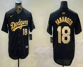 Men's Los Angeles Dodgers #18 Yoshinobu Yamamoto Number Black Gold Stitched Jersey